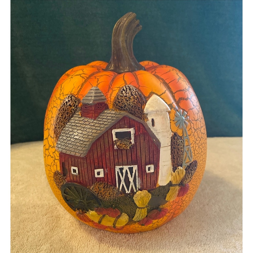 Vintage Resin Pumpkin Figurine Farm Scene Red‎ Barn Silo Fall Harvest Decor